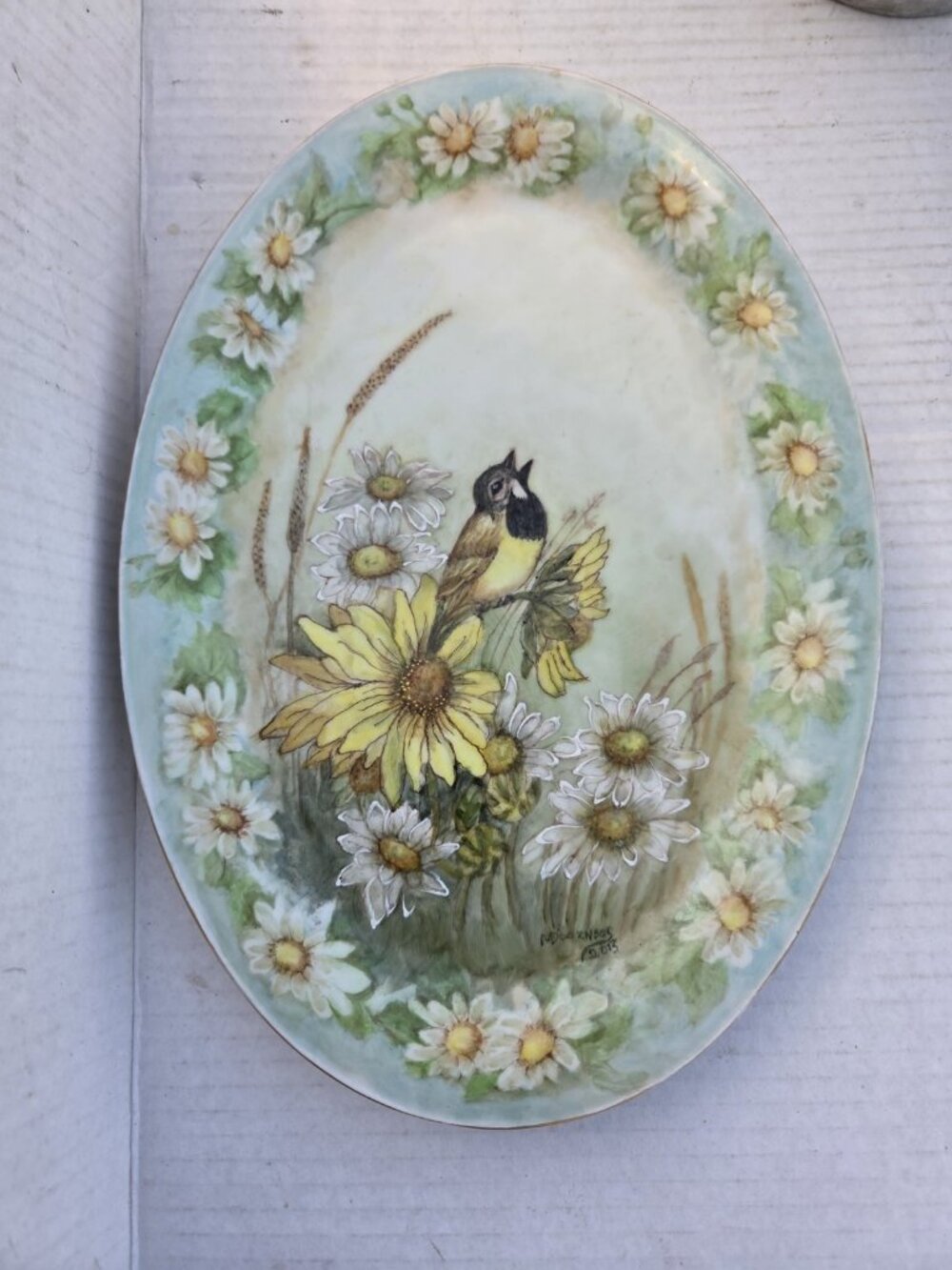 Hand Painted 12" Platter Kansas Meadowlark Sunflowers Wheat Signed Doornbos
